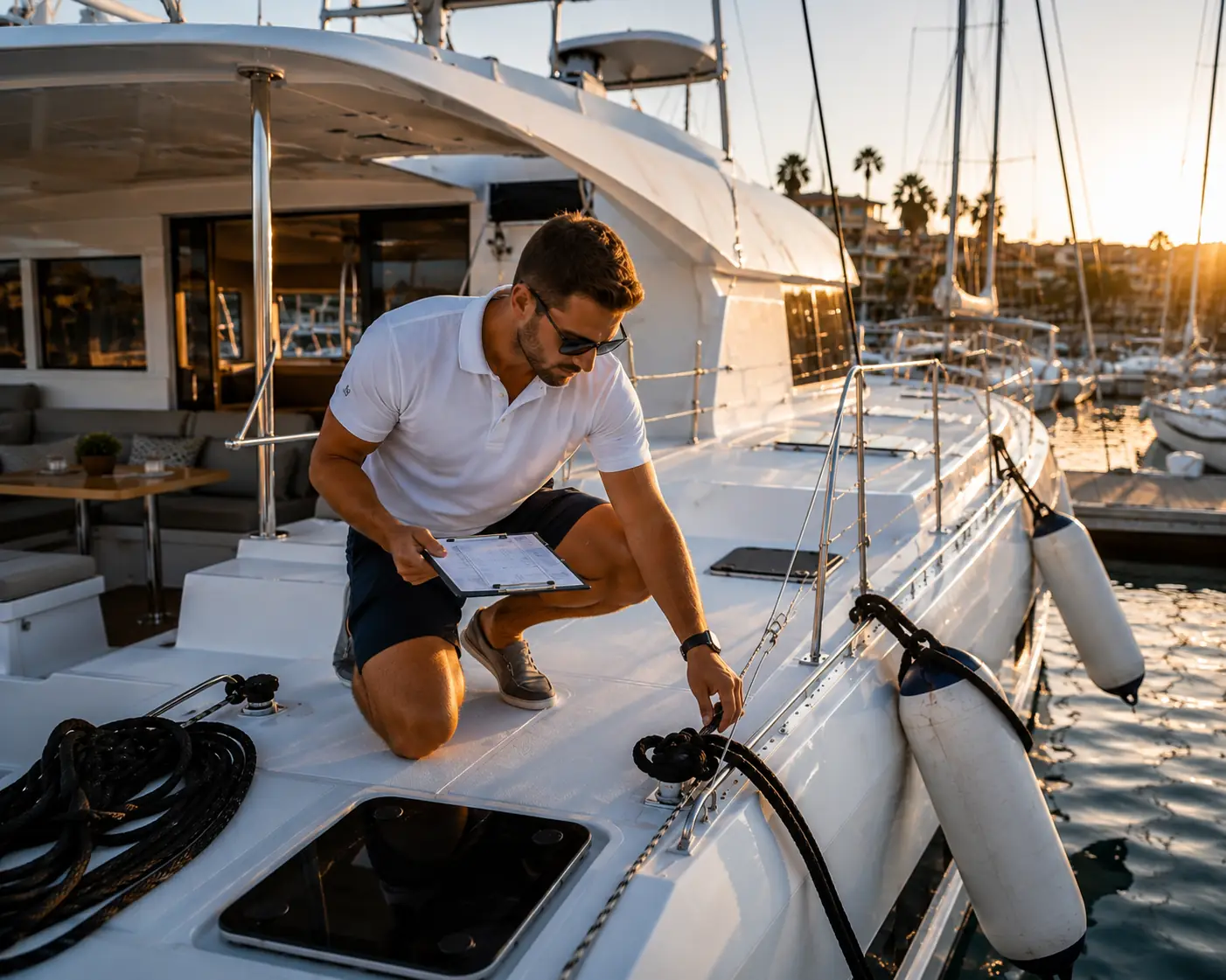 A skipper kneeling on the foredeck at sunset, checking the mooring lines against an inventory clipboard