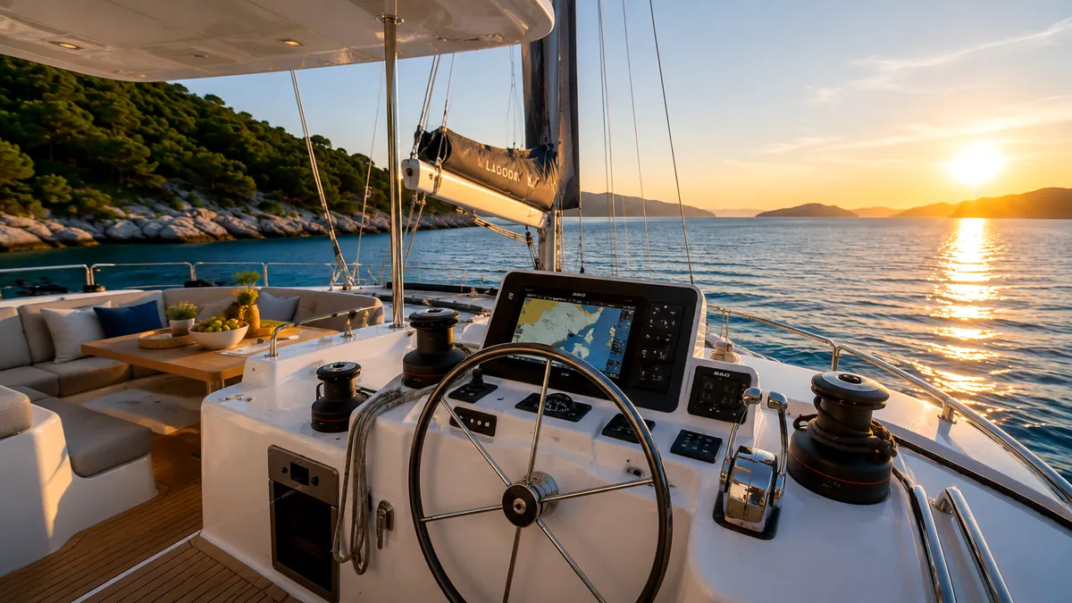 The helm of a charter catamaran at sunset — wheel, chartplotter and calm Mediterranean water