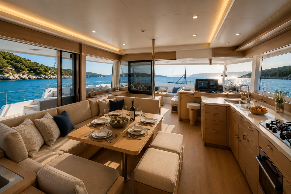 The luxurious interior of a charter catamaran — a set dining table, galley and sea views